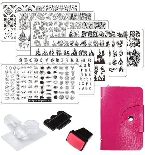 FingerAngel 13pcs Nail Stamp Plates set 8 plate 2Stamper 2Scraper 1storage bag Nails Art Stamping Plate Scraper Stamper Set Leaves Flowers Animal Nail plate Template Image Plate