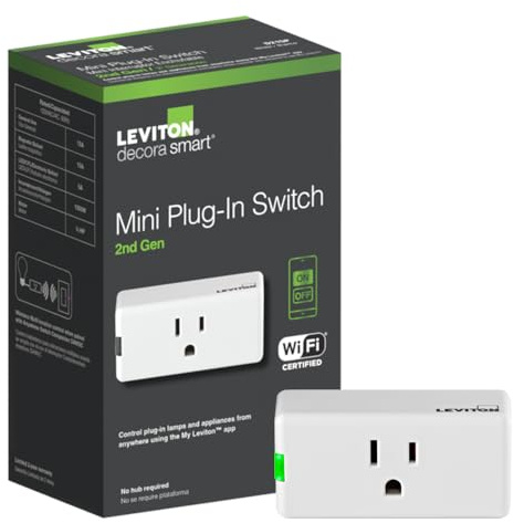 Leviton Decora Smart Plug, Wi-Fi 2nd Gen, Works with Matter, My Leviton, Alexa, Google Assistant, Apple Home/Siri & Wire-Free Anywhere Companions for Switched Outlet, D215P-1RW, White