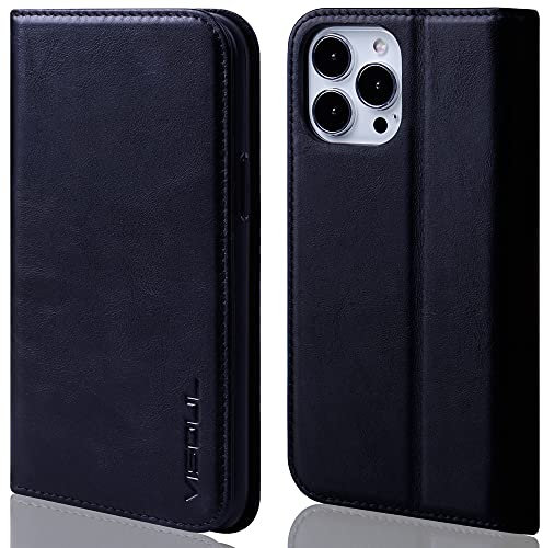 VISOUL Hülle für iPhone 13 Pro Handyhülle Schutzhülle TPU [Erstklassiges Echtleder] [Kartenfach] [Magnet] [Standfunktion], Stoßfest Telefon Lederhülle Kompatibel mit iPhone 13 Pro 6,1 Schwarz