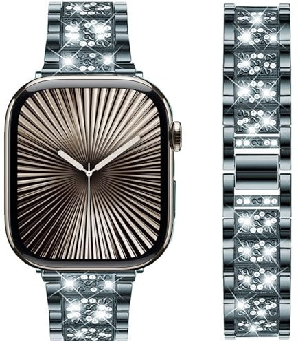 DEALELE Strap Compatible with iWatch 38mm 40mm 41mm, Rhinestone Diamond Metal Replacement Bands for Apple Watch Series 8/7 / 6/5 / 4/3 / SE Women Men, Dark green, 38/40/41mm