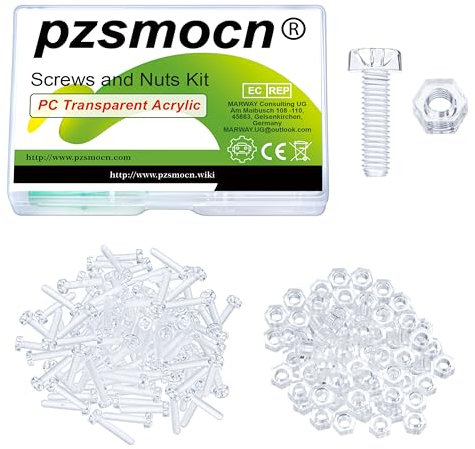 Pzsmocn 200 Stück/100 Sätze M4*16 mm PC Transparenter Kunststoff Kreuzschlitz Rundkopfschrauben und Sechskantmuttern-Satz, für Heimwerkerarbeiten, Modelle und die Befestigung Elektronischer Produkte.