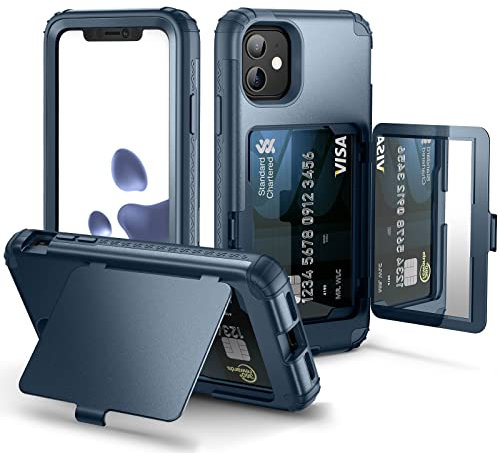 WeLoveCase iPhone 11 Wallet Case for Women Defender Credit Card Holder Cover with Hidden Mirror Three Layer Shockproof Heavy Duty Protection All-Round Protective Case for iPhone 11 Blue