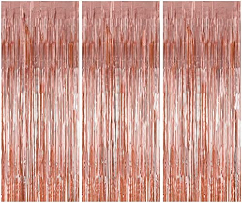 3pcs 2M X 1M Rose Gold Metallic Tinsel Curtains Aluminum Foil Flow Silk Curtain Background Streamer Birthday Party Wedding Holiday Decoration (Rose Gold)