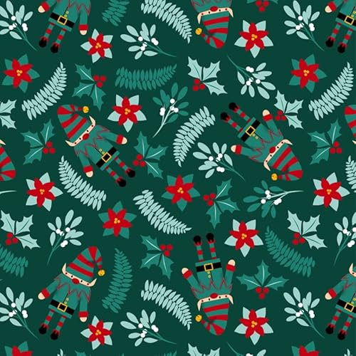 The Craft Cotton Co - Elfen & Blattwerk Wichtel Weihnachtsmann Baumwolle Druckstoff von 0,5 m (109 cm breit, 100% Baumwollstoff zum Basteln, Quilten, Schneidern, Nähen)