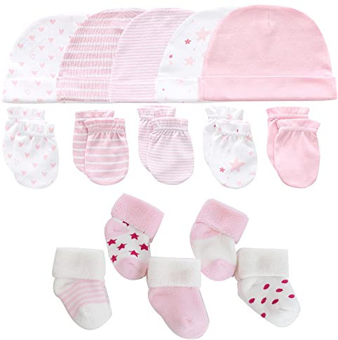 MAMIMAKA Baby Caps Handschuhe und dicke warme Socken Baumwolle Neugeborene Essentials Zubehör (Hüte+Handschuhe+Terry Socken),0-6 Monate