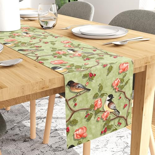 Encasa Esstischläufer für 6 Seater- Polyester-Twill-Stoff-Folie Digitaldruck- Wasserfest- Größe 28x150 cm- Dekoratives Tuch für Zuhause, Cafés & Hotels-Washable- 1 PC- Salbei grüne Vögel