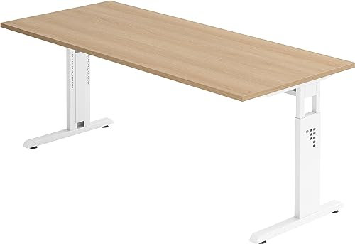 bümö höhenverstellbarer Schreibtisch O-Serie 180x80 cm in Eiche, Gestell in weiß - großer PC Tisch für's Büro manuell höhenverstellbar, Computertisch verstellbar