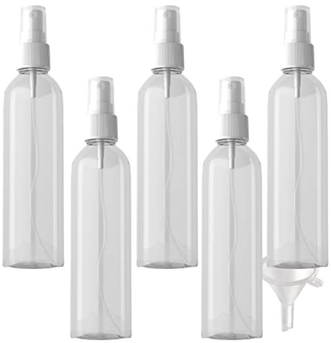 PQPAUTY 5 Piezas Pequeño 250ml Botella de Spray Plástico PET Vacías Transparentes con Bomba en Spray Blanco de Niebla Atomizador para Perfume Viaje Artículos de Agua Cosmético, 1 Pieza Embudo