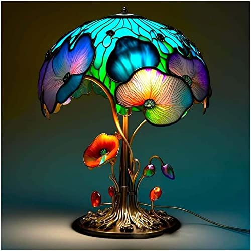MOCIUN Stained Glass Plant Series Table Lamp, Vintage Table Lamp Decorative Bedside Lamp, Painting Glass Mushroom Table Lamp Show You A Dreamy Atmosphere (H)