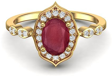 MOONEYE 7X5MM Oval Mit Rubinglas gefüllt Halo Zierlicher Designer Verlobungsversprechen-Damenring aus 925er Sterlingsilber Gold-Vermeil, 64