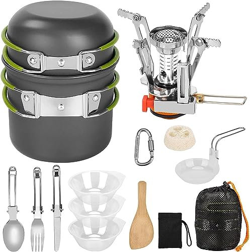 Camping Cookware Set, Queta Picnic Cooking Bowl with Folding Knife and Fork Set, Aluminum Camping Pots Kit for Hiking, Cooking and Picnic