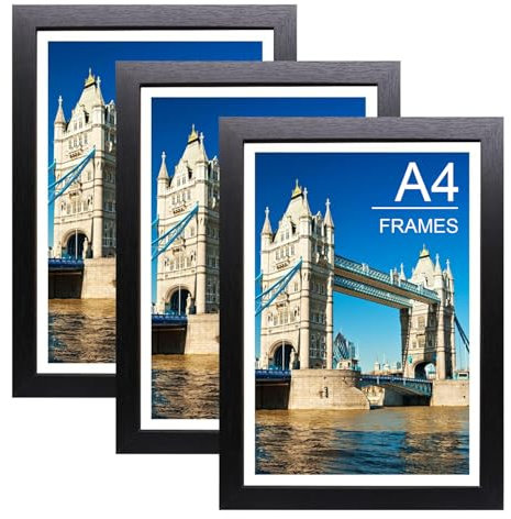 Bobeen A4 Photo Frames, Pack of 3 Black Picture Frame (21x29.7CM) for Table Top and Wall Mounting