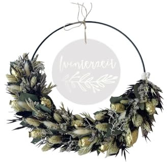 Türkranz Trockenblumen personalisiert mit Metallring – Für Interior-Liebhaber, Hochzeiten & Geburtstage - Dekokranz mit getrockneten Blumen Naturmaterial - Trockenblumenkranz Frühling (Grün Gold)