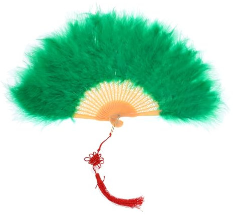 sourcing map Feather Hand Fan Green Vintage Folding Fan with Chinese Knots Feather Fan Handheld for Halloween Party Wedding Dancing Decoration