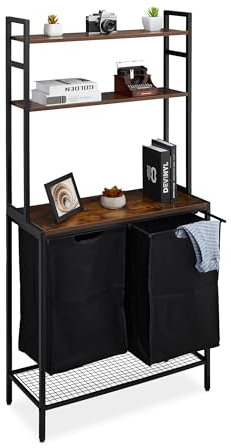 Relaxdays Wäschekorbregal, 2 ausziehbare Fächer, HBT: 162x80x34 cm, Ablagen, Wäschesammler, Wäscheablage, schwarz/braun