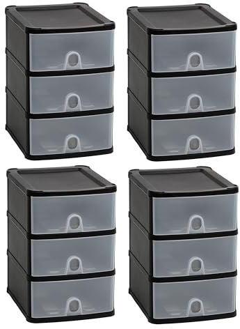 [SET OF 4] - Handy 3 Tier Drawers Multilayer Plastic Storage Tower Unit Black/Clear Storage Chest Desktop Tabletop Unit with Drawers Stationary Files Makeup Organiser For Office, Bedroom, Garage.