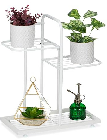 Relaxdays Scaffale Portapiante, 3 Ripiani in Metallo 50,5x45x22 cm, Portafiori e Portavasi, Fioriera, Acciaio, Bianco