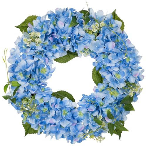 Hollyone Ghirlanda di ortensie artificiali da 40,6 cm, ghirlanda di fiori finti blu, ortensie finte per porta d'ingresso, composizioni floreali per camino, cucina, fattoria, decorazione da parete