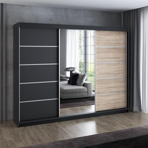 A&J MöbelLand Schwebetürenschrank VILANO 1, 3-türig Schrank 200 cm Kleiderschrank mit 4 Schubladen, und Spiegel (Weiß, Schwarz, Somona) (Schwarz/schwarz/Sonoma)