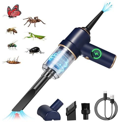 Bug Vacuum with Long Nozzle: 5 in 1 Handheld Cordless Car Vacuum Cleaner for Adults Car Home Office Garden, Rechargeable Strong Suction Insect Catcher for Spider Moth,Stink Bug (Blue)