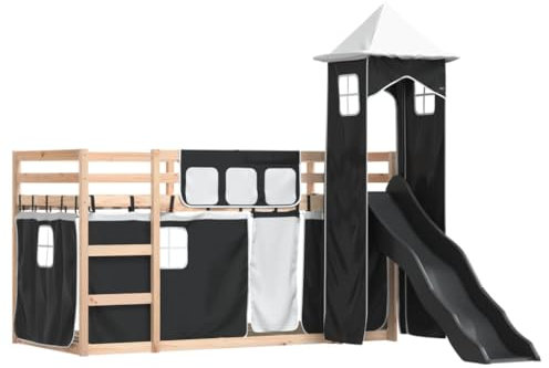 vidaXL Etagenbett, Stockbett mit Rutsche Gardinen, Kinderbett mit Rausfallschutz Lattenrost, Spielbett Bett ohne Matratze, Weiß Schwarz 90x200cm