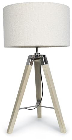 ValueLights | Modern Light Wood & Chrome Tripod Table Lamp with a Cream Boucle Drum Shade | Table Lamps, Home Décor & Improvement Essential | Included LED Bulb