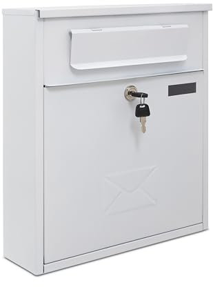 Assorted Collections Wall Mounted Post Box, Lockable Mailbox with 2 Keys, Weatherproof Iron Letterbox, Easy to Install, 36x13x37cm (White)