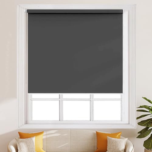 Thermo Dark Grey Blackout Roller Blind for Windows Privacy and Sun Protection Inside Mount Roller Blind without Drilling