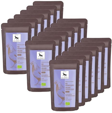 Bio-Hühnersuppe für Hunde – 2.340g, mit Bio-Karotten & Kurkuma, natürliche Verdauungsunterstützung und Hydrierung, 18 x 130g Beutel, Bio-HÜHNERSUPPE von LILA LOVES IT