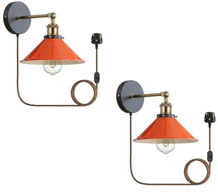 LEDSone Industrielle Wandleuchte, verstellbarer Arm, Dimmschalter, Stecker, 22 cm, orangefarbener Metallkegel, Lampenschirm mit E27-Sockel, Wandleuchten für Restaurant, Büro und Innenbereich