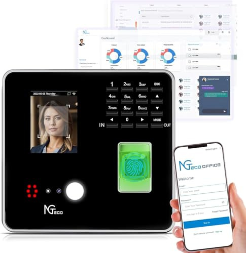 NGTeco Cloud-Zeiterfassung für Kleinbetriebe, 2,4 GHz WLAN Zeiterfassungsgerät mit App iOS/Android, Inkl. 5 RFID-Karten, Keine monatlichen Kosten