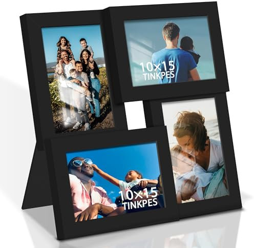 Tinkeps Cornice portafoto Collage, 4 Cornici per Foto 10 x 15 cm, Cornici multiple da parete 15x10 cm, Portafoto da parete multiplo, Nero