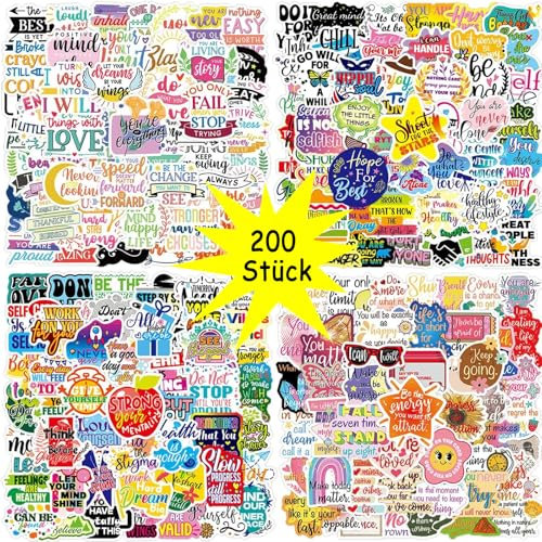 200 Stück Inspirierende Sprüche Sticker, Schöne Ansprechende Motivationsaufkleber Set, Wasserdichte Vinyl Aesthetic Sticker für Laptop, Wasserflaschen, Scrapbooking, Mappen