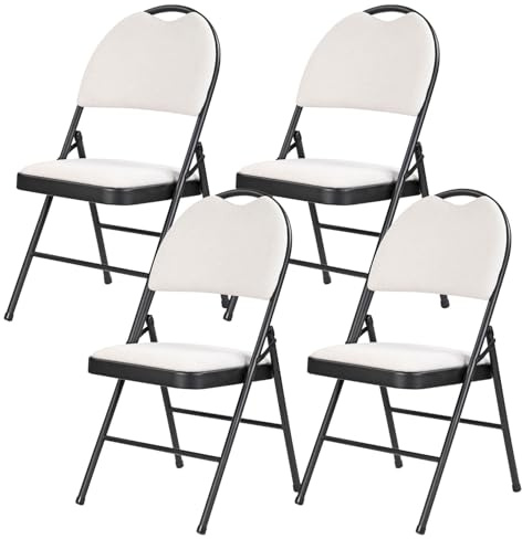 Taylor & Brown 4 x Padded White Fabric Folding Chair Seat High Back Rest for Home, Dining, Office, Computer Desk Chairs, Seating Events - Black Metal Frame, 50 x 46 x 85cm