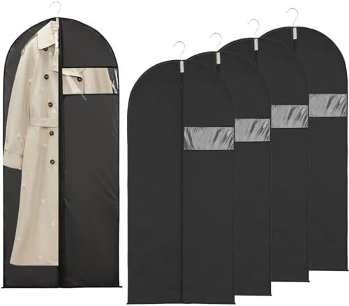 Portatrajes, 5 Piezas Portatrajes con Cremallera, 140 cm x 60 cm Portatrajes Negro Plegable con Ventana Transparente, Bolsa para Ropa Negra, Fundas de Ropa, Para Trajes de Noche y Vestidos Largos