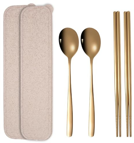 Gold-Plated Chopsticks and Spoons Set, 2 Spoons and 2 Pairs of Chopsticks with Storage Cases, 304 Stainless Steel Flatware for Dining at Home and On-The-Go