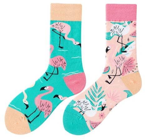NxnChc Chaussettes Drôles Pour Femmes Et Hommes Unisexe Multi Motifs Flamant rose Animaux Nourriture Sport Art Coton Cadeau Design Asymétrique Gauche-Droite