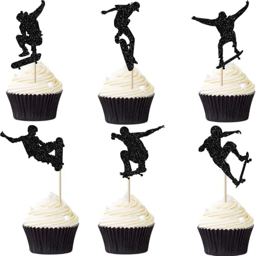 24 Stück Skateboard Cupcake Toppers Glitzer Skateboarden Tortendeko Skateboard Kuchen Deko für Skating Thema Bachelorette Geburtstag Party Kuchen Dekorationen Schwarz