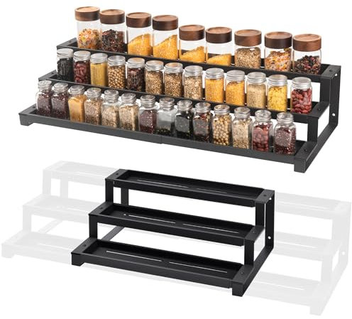 GOENDR Expandable Spice Rack(41-75 cm), 3 Tiered Spice Organiser for Inside Cupboard, Wall-Mountable Seasoning Organizer, Large Spice Jars Rack for Kitchen, Countertop, Pantry, Bathroom, Black