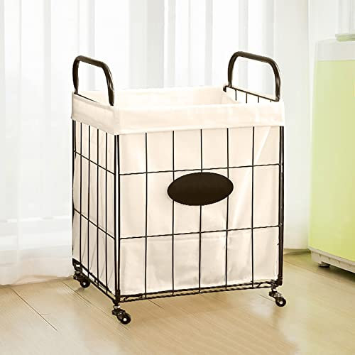 Wäschewagen, robuster Wäschekorb auf Rädern, robuster Wäschekorb mit Baumwollfutter und Griffen, zusammenklappbarer Wäschekorb aus Draht, Organizer für Wäschesack, für Hotelbadezimmerbett (schwar