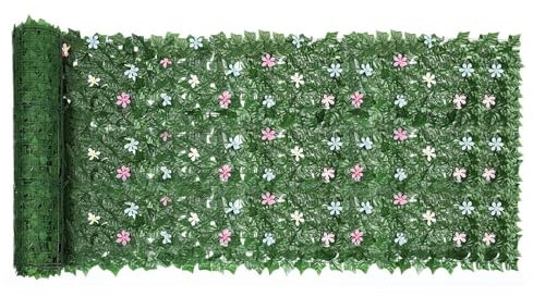 Rotolo di siepe artificiale decorativa in foglie di edera verde con fiori finti, 3 m x 1 m, recinzione per la privacy con protezione UV per pareti, balconi, giardini, esterni e interni.