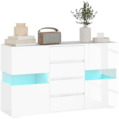 HOMCOM LED Sideboard for Living Room, High Gloss 2-Door Storage Cabinet with 4 Drawers and Remote Control, White