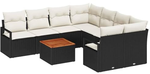 vidaXL Garten-Sofa-Set mit Kissen 9 pcs Schwarz Poly Rattan, Garten und Terrasse, modernes Rattan-Sofa-Set, Flexibles Lounge-Möbel, höhenverstellbare Füße, haltbare Sitzgruppe