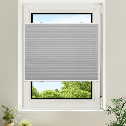 Homland Plissee ohne Bohren Verdunklung Klemmfix,Hellgrau B80 x H90 cm, Plissee 100% Verdunkelnd & lichtundurchlässig, Plisseerollo für Fenster & Tür