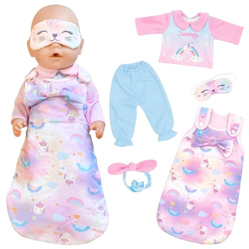 Babypuppen Kleidung Pyjama für 14-17 Zoll Babypuppen, 35-43 cm süße Rosa Pony Puppenkleidung Outfits mit Schlafsack + Augenklappe + Doll Pyjama + Hose + Stirnband, als Geschenk für Mädchen