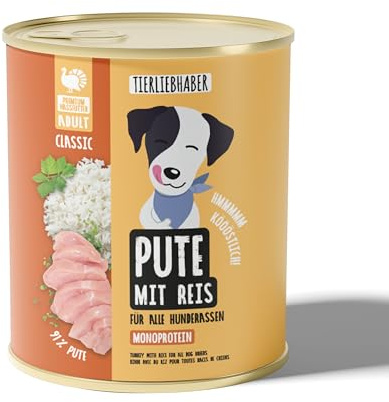TIERLIEBHABER – Hundefutter Nass 800g Pute mit Reis – Von Tierärzten entwickelt – Nassfutter Hund mit 91% Fleischanteil – Dog Food als Hundenassfutter 800g Dosen