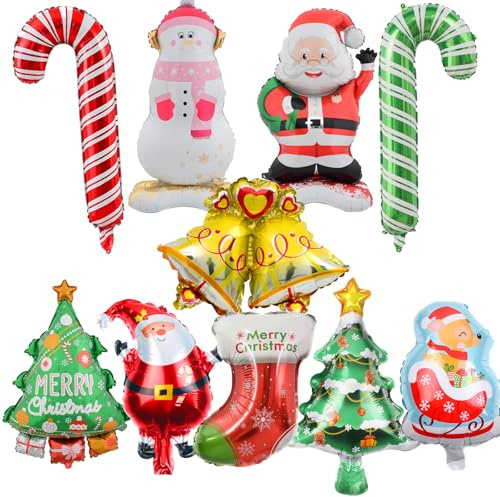 YUEcthynous Globos de Navidad, 10 globos de Navidad de papel de aluminio, muñeco de nieve, Navidad, palitos de Navidad, globos de árbol de Navidad, decoración festiva para decoraciones navideñas