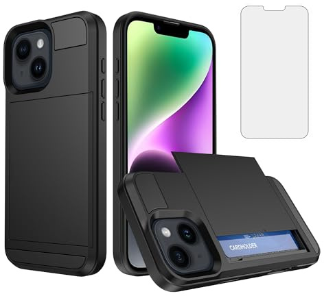 Asuwish Phone Case for iPhone 14 6.1 inch with Tempered Glass Screen Protector Cover and Card Holder Hybrid Full Body Protective Shockproof Cell Accessories iPhone14 5G i i-Phone i14 14Case Men Black