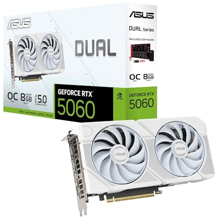 ASUS Dual GeForce RTX™ 5060 8GB GDDR7 White Edition (PCIe 5.0, 8GB GDDR7, DLSS 4, HDMI 2.1b, DisplayPort 2.1b, 2.5-Slot, Axial-tech Fan Design, 0dB Technology, Dual BIOS and More)