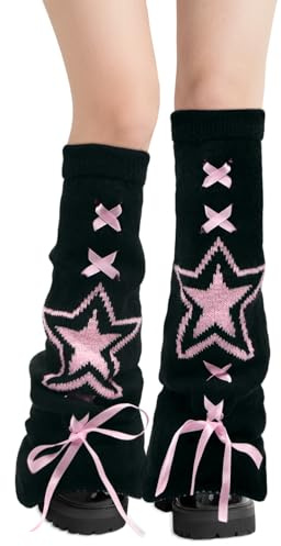 YAMEIZE Y2K Leg Warmers for Women Girl Cute Star Heart Printed Leg Warmer with Bow Tie for Winter
